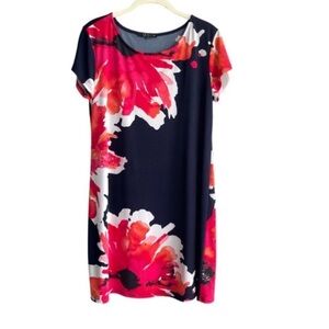 Tiana B. Short Sleeve Shift Dress Bold Floral Navy Blue Pink Red White Size 10P